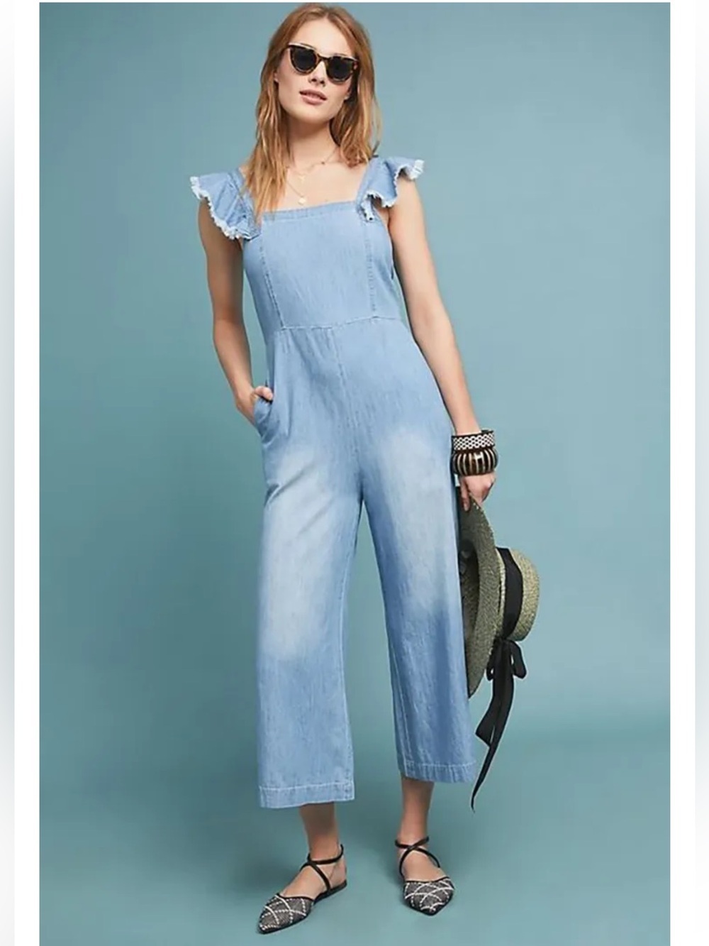 dolan Light Blue Denim Jumpsuit with Ruffle Straps